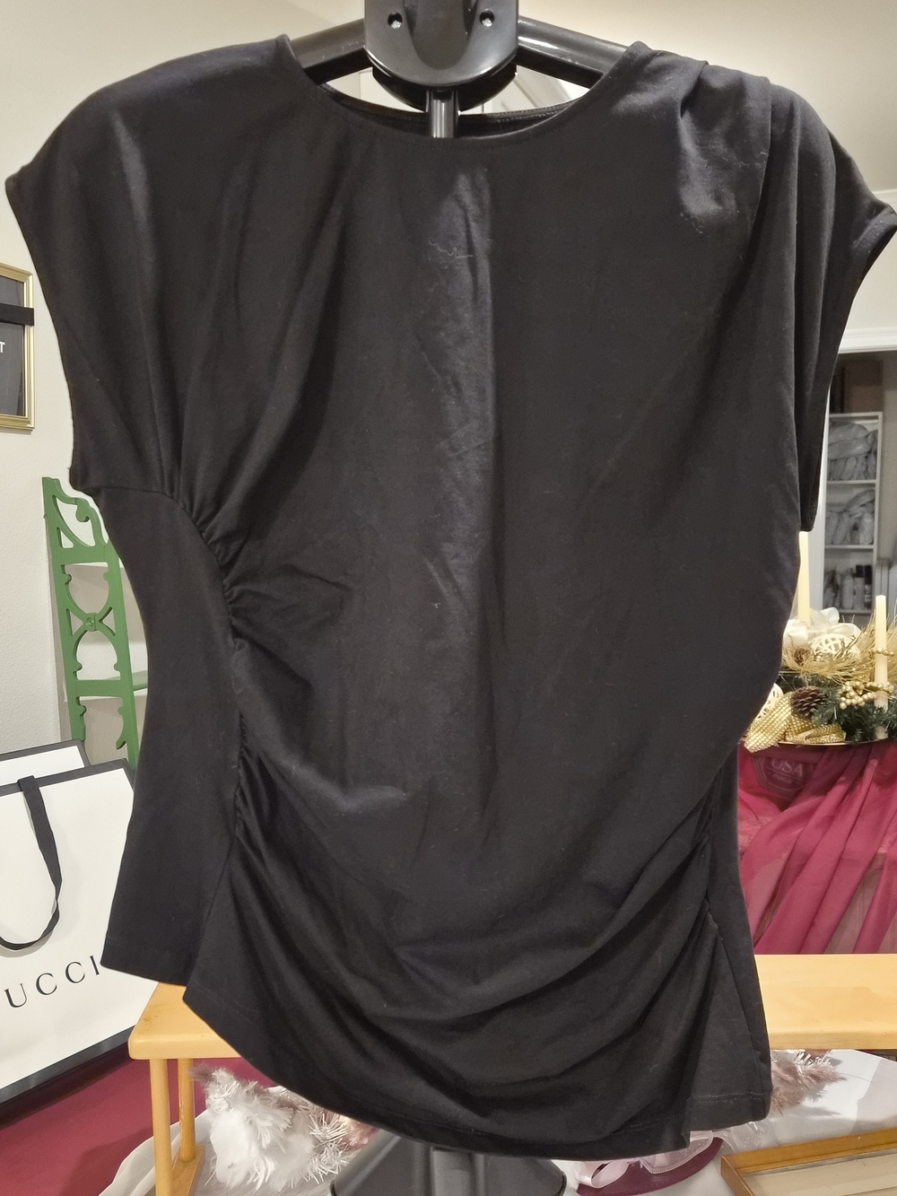 LOFT Black Ruched Side Cap Sleeve Knit Top Blouse Size XL Cotton Blend